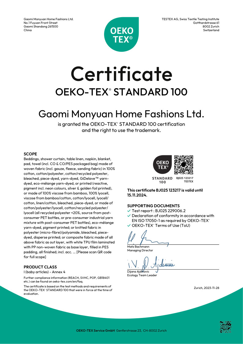 Porcellana Gaomi Monyuan Home Fashions Ltd. Certificazioni