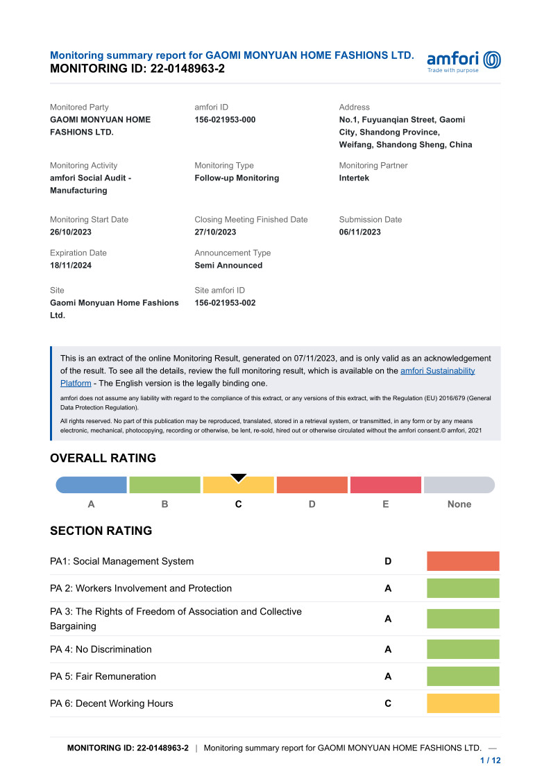Porcellana Gaomi Monyuan Home Fashions Ltd. Certificazioni